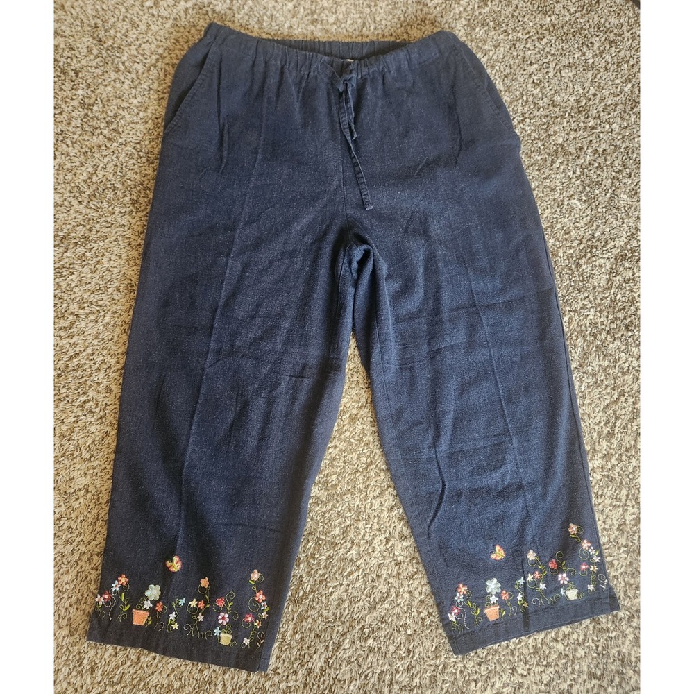 Christopher & Banks Navy Blue Linen Blend Floral Embroidered Crop Pants Small